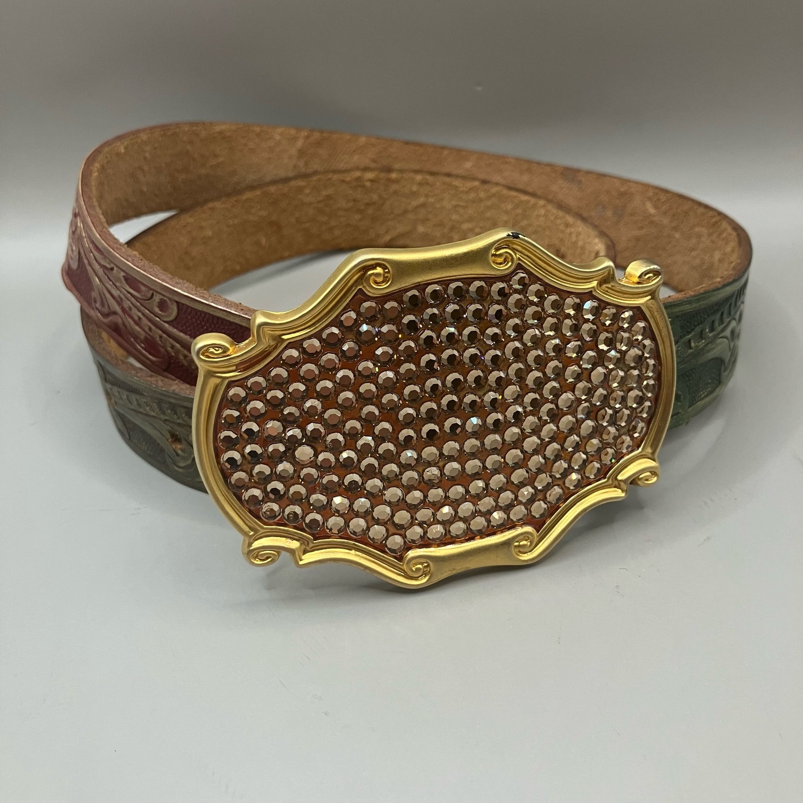 Vtg Streets Ahead Belt M Rhinestone Tooled Leather Multicolor Western Artsy 90s